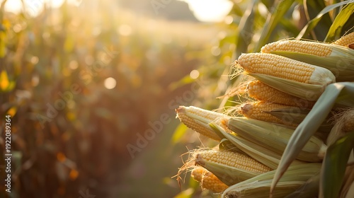 Generative AI: Harvested corn in golden rural field under sunset sky providing abundant crop yield.