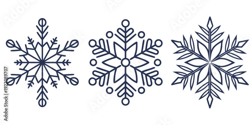 Three intricately designed snowflakes showcasing unique symmetrical patterns and delicate details