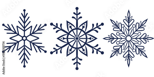 Three intricately designed snowflakes showcasing unique patterns and structures.