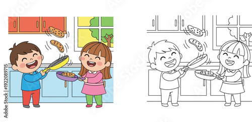 Happy Children Cooking and Flipping Pancakes in the Kitchen Cartoon Illustration with Black and White Line Art Coloring Page for Kids Activity and Educational Material (168 characters)