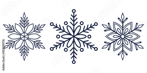 Three intricately designed snowflakes showcasing unique patterns and symmetrical beauty.
