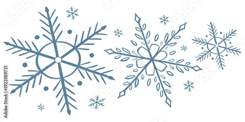 A beautiful illustration of three large snowflakes with smaller snowflakes around them.