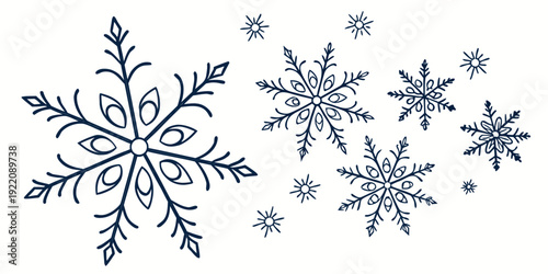Intricate snowflakes with delicate patterns and varying sizes scattered across a white background