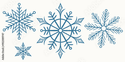 A beautiful illustration of six unique snowflakes in varying sizes and intricate designs.