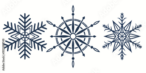 Three distinct snowflake designs showcasing intricate patterns and symmetrical structures.