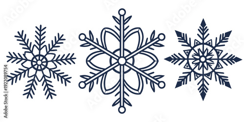 Three distinct snowflakes showcasing intricate and unique designs.