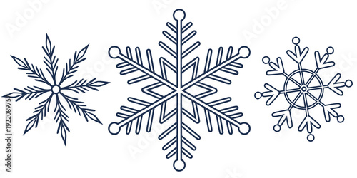 Three intricate snowflakes showcasing unique symmetrical patterns and designs