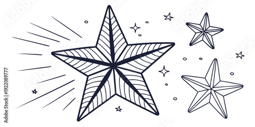 A whimsical illustration of stars with intricate line details and a radiant effect