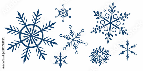 A beautiful and intricate collection of various snowflakes in blue and white