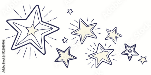 A whimsical illustration of stars in various sizes and colors scattered across a white background