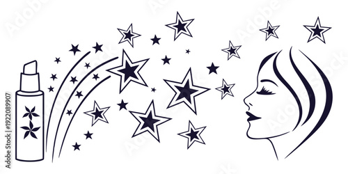 A woman spraying perfume with stars and shooting stars surrounding her.