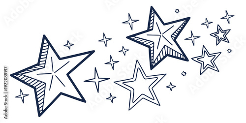 A whimsical illustration of stars in various sizes and styles scattered across a white background.
