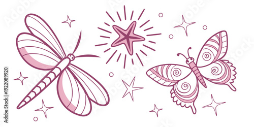 Whimsical illustration of a dragonfly and a butterfly with stars