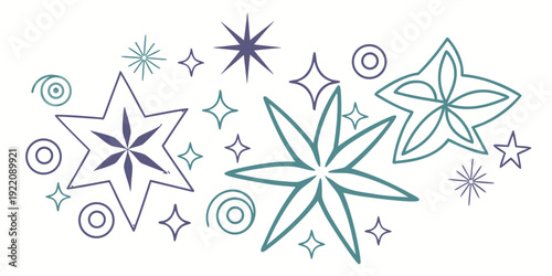 A delightful array of colorful geometric snowflakes and stars scattered across a white background.