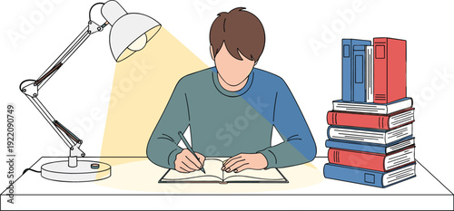 Studious young man writing in notebook at desk with desk lamp and stack of books for education, learning, and academic research concept.