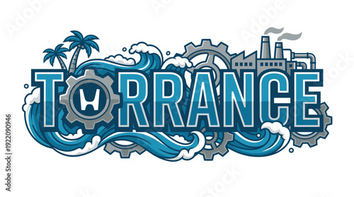 Torrance California typography with coastal and industrial elements vector illustration