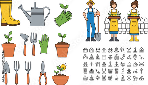 Gardening Tools and Farmer Character Vector Set with Plants, Pots, Equipment, and Agriculture Icons for Farming, Horticulture, and Garden Care Design Projects