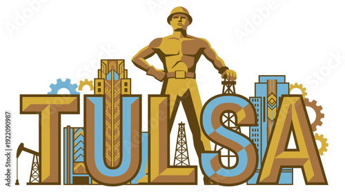 Tulsa Golden Driller landmark and city name vector illustration