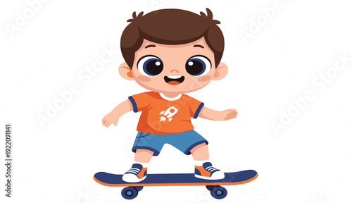 Cute Little Boy Riding Skateboard Cartoon Character Illustration for Kids Adventure, Fun Activity, Childhood Lifestyle, and Playful Children Design Projects