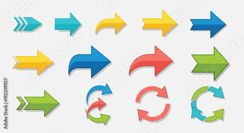 Collection of various colorful vector arrows in different shapes and styles