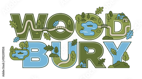 Woodbury text with park and nature landscape elements vector illustration