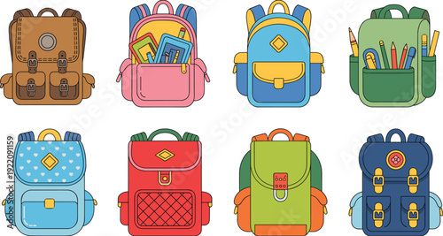 Colorful school backpack collection, modern student bags with supplies isolated on white background for education design projects