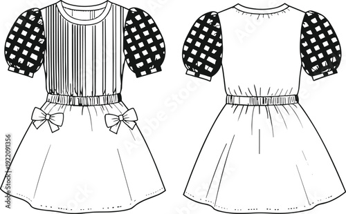 Fashion Technical Sketch of Girls Summer Dress Featuring Puff Gingham Sleeves Pleated Bodice and Bow Details on Waist for Apparel Design and Manufacturing