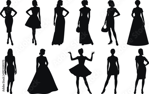 Elegant women fashion silhouettes collection, stylish female figures in dresses isolated on white background for design use
