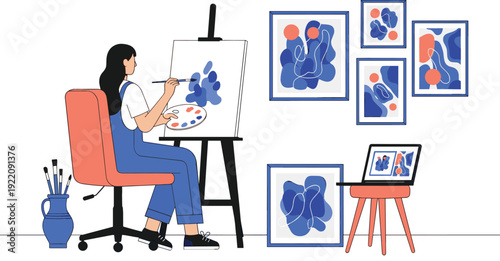Professional female artist painting abstract blue shapes on canvas in modern studio with laptop gallery wall and creative workspace flat vector illustration.