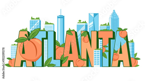 Atlanta city skyline and peach fruit typography vector illustration