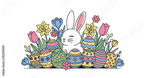 Easter bunny surrounded by colorful eggs and flowers in a vibrant spring scene illustration