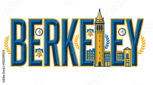 Berkeley city name with Sather Tower vector illustration