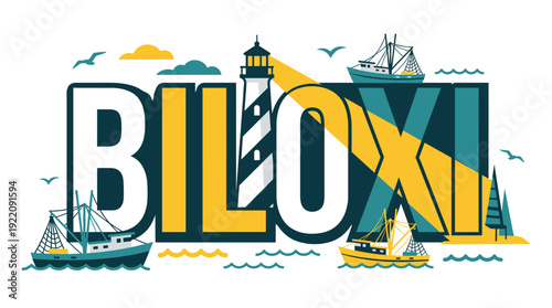 Biloxi Mississippi nautical travel typography vector illustration