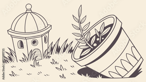 Handdrawn illustration of a small plant in a fallen pot next to a miniature building in a grassy field.