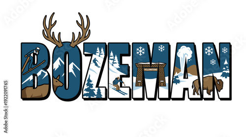 Bozeman Montana winter tourism typography and landscape vector illustration