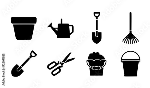 Minimal Black Gardening Tools Icons – Farm and Landscaping Silhouette Vector Collection