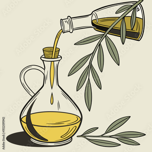 Olive oil pouring into a glass bottle with olive branch.