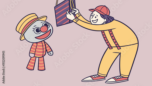 Person taking a picture of a clown doll.