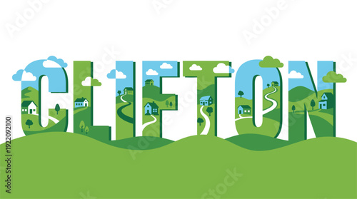 Clifton name typography with rural landscape vector illustration
