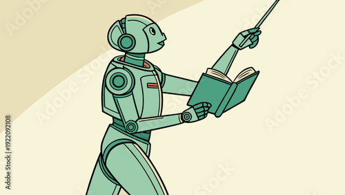 Robot teacher with book and pointer in an educational setting.