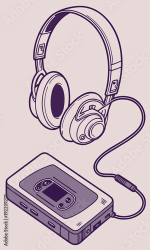 Retro Portable Cassette Player and Headphones Illustration.