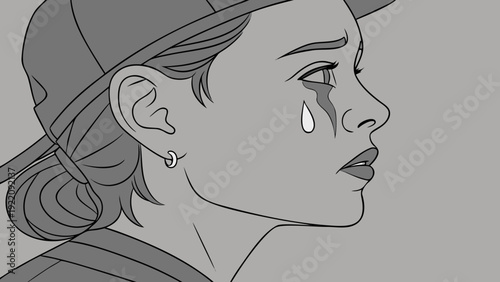 Sad woman crying with tears side profile monochrome illustration.