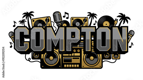 Compton music graphic with boombox and turntables vector illustration