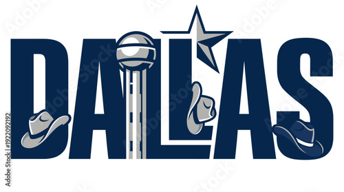 Dallas Texas city name with landmarks and cowboy hats vector illustration