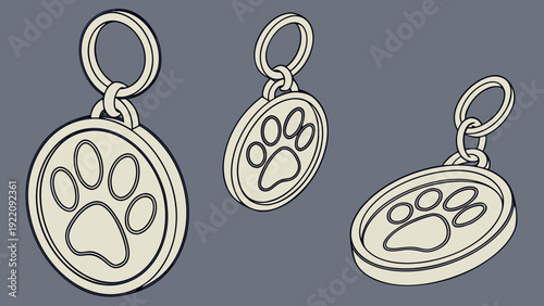 Three silver pet tags with paw print design on a gray background.