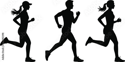 Running People Silhouettes Set, Male and Female Joggers Vector Illustration Isolated on White Background for Fitness and Sports Design