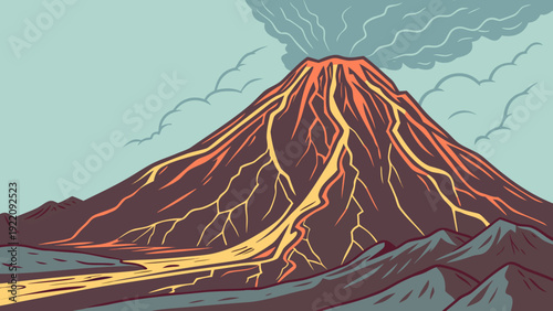 Volcanic Eruption with Flowing Lava and Smoke.