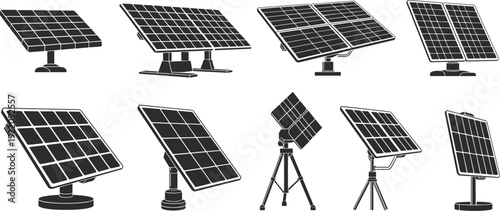 Solar panel silhouettes collection, renewable energy photovoltaic modules on stands isolated vector illustration set for green technology