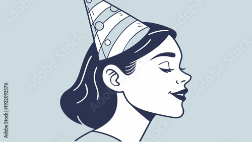 Woman with party hat eyes closed celebrating.