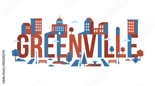 Greenville city name with urban skyline flat vector illustration